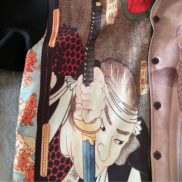 WD Sportswear Vintage 90's Japanese Koi Fish Samurai Short Sleeve Button Down XL - Picture 3 of 12